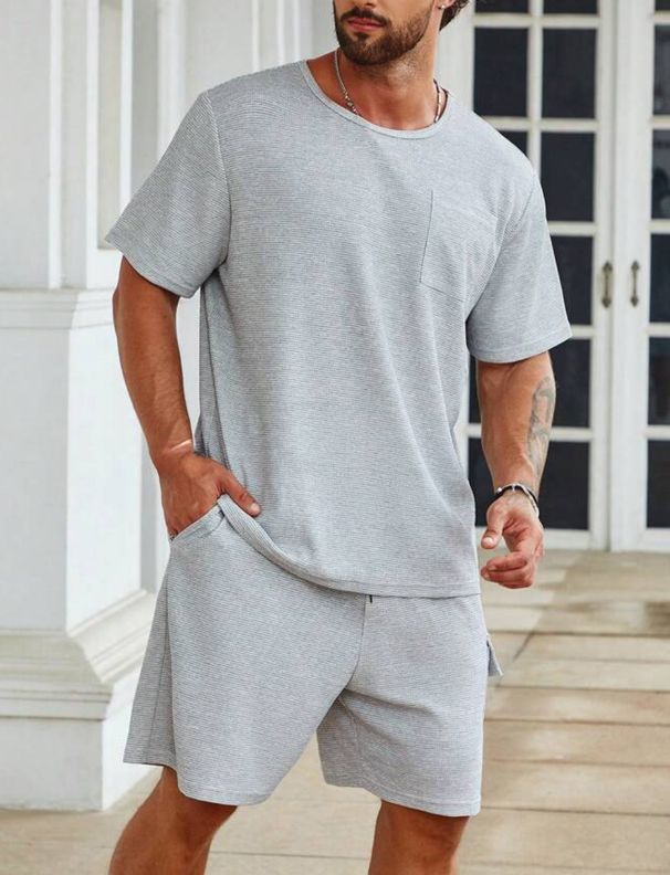 Men's Clothing Sports Solid Color Round Neck T Shirt Shorts Men's Summer Suit_viptrois.com