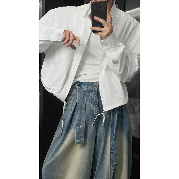 Short Autumn Fashion Trend Versatile Hem Drawstring Simple Casual High-End Feel Unisex Shirt Jacket_viptrois.com