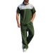"Men's Color Block Waffle Knit Short Sleeve Set – Breathable Loose Fit Crew Neck T-Shirt & Casual Pants (Black/Khaki/Grey/Green, Sizes S-XXXL)"_viptrois.com