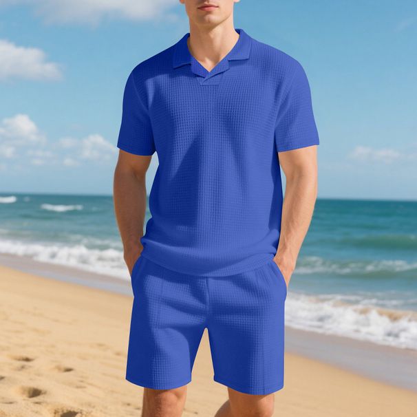 Men's Clothing Loose Summer Burke Collar Waffle Polo Shirt Casual Short Sleeved Shorts Suit_viptrois.com