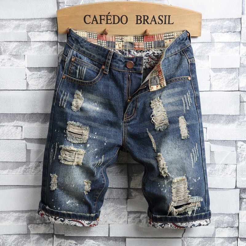 Men's Clothing Summer Trendy Ink Splashed Denim Shorts Men's Shorts Straight Loose Ripped Pants Fashion Casual Youth Breeches_viptrois.com
