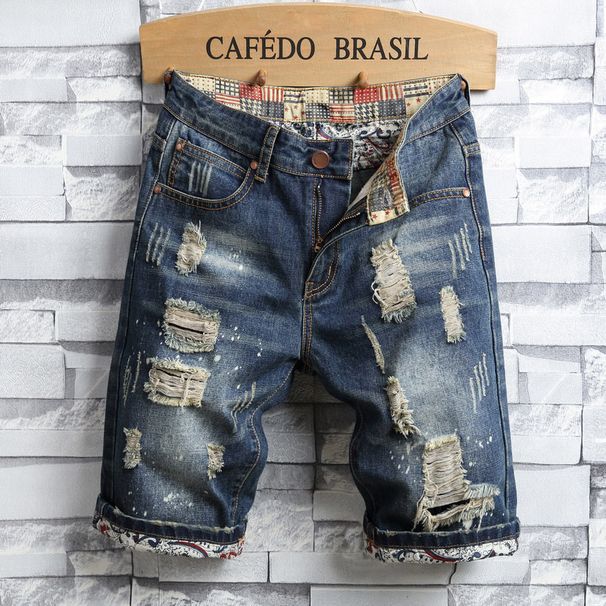 Men's Clothing Summer Trendy Ink Splashed Denim Shorts Men's Shorts Straight Loose Ripped Pants Fashion Casual Youth Breeches_viptrois.com