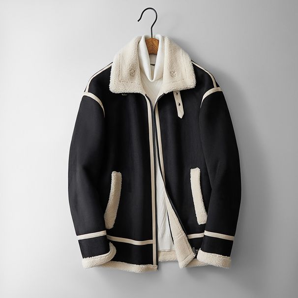 Men's Fashion Color-Block Fleece-Lined Faux Leather Jacket – Winter Warm Thickened Coat With Notched Lapel (M-3XL, Black/Grey/Brown)_viptrois.com