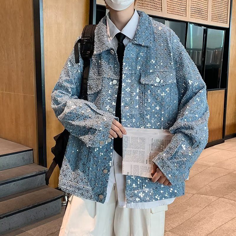 Men's Clothing Sequined Denim Jacket Men's Spring Version Ins Trend Loose Versatile Handsome Street Jacket Cardigan_viptrois.com