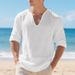 Men's Relaxed Fit V-Neck Linen Long Sleeve T-Shirt - Breathable Pure Color Casual Top For Autumn (S-XXXL)_viptrois.com