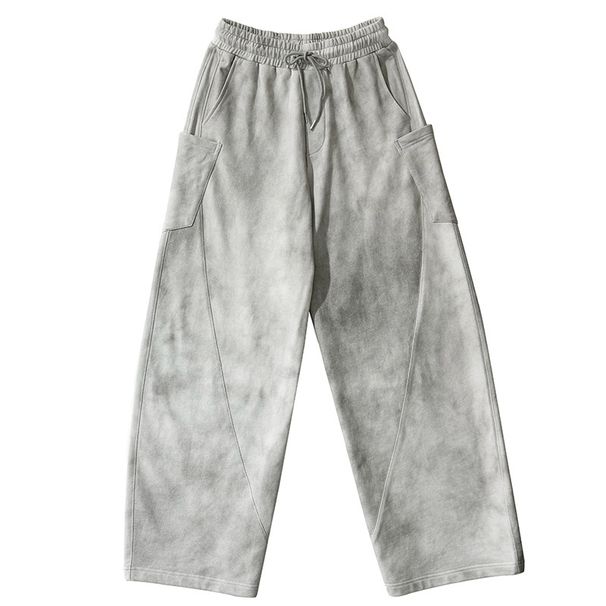 Men's Clothing American Style White And Gray Dirty Wide Leg Pants, High Street Design, Distressed And Versatile For Men_viptrois.com