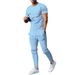 Men's Twisted Solid Color Jacquard Pullover Round Neck Short Sleeve Trousers Casual Suit American Style Autumn New_viptrois.com