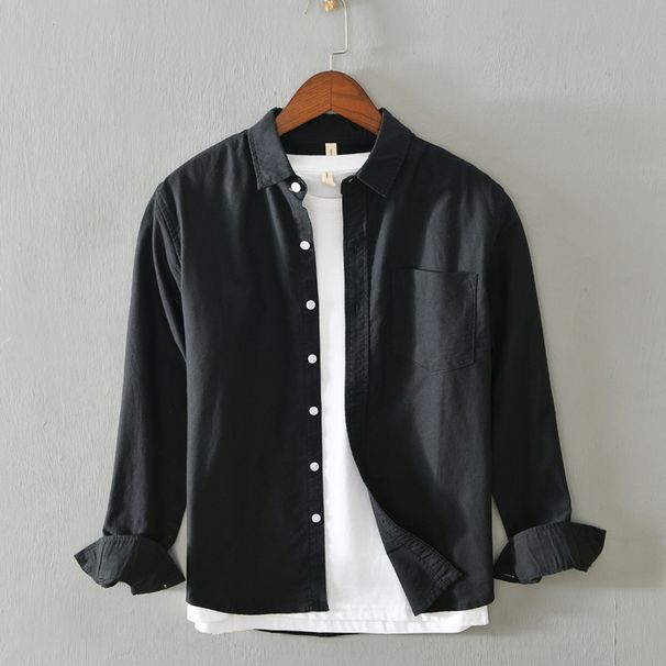 Men's Clothing Casual Long Sleeved Solid Color Simple Cotton Oxford Shirt_viptrois.com