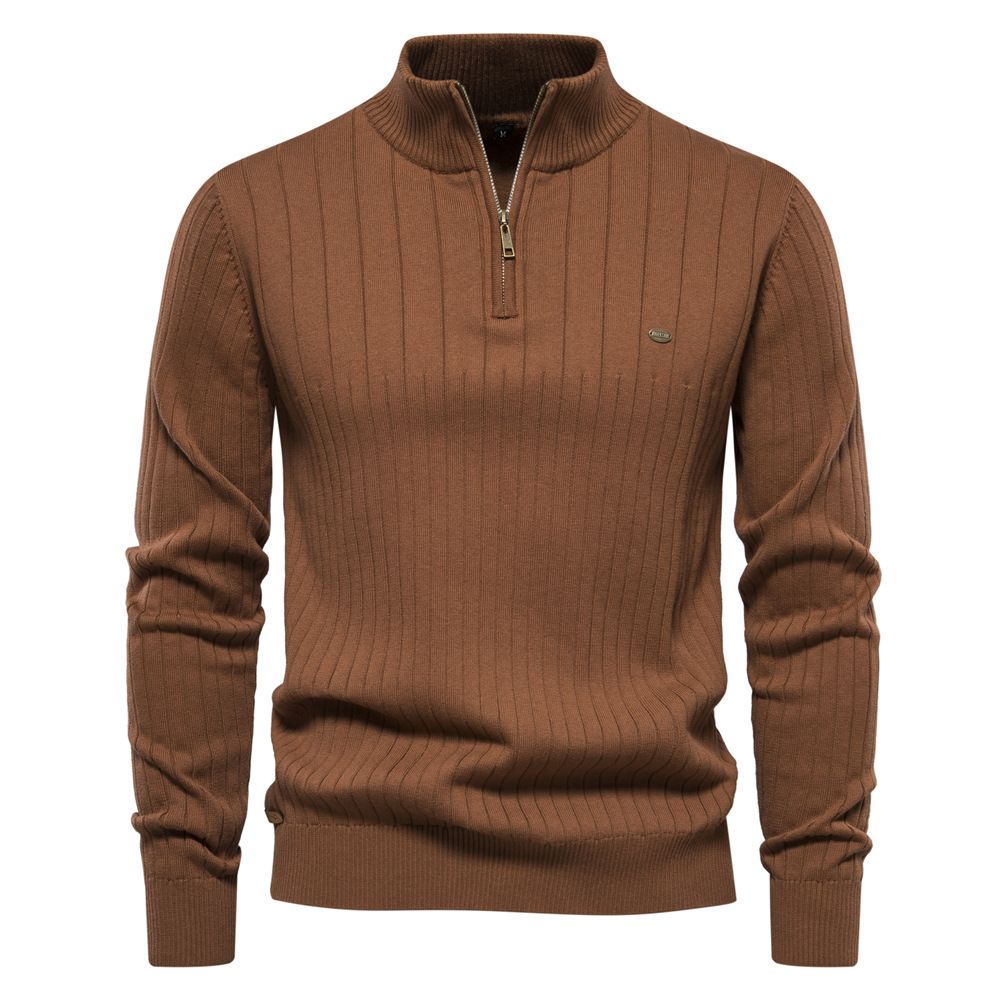 Autumn And Winter New European Size Cross Border Stand Collar Men's Sweater Half Zip Solid Color Knit Sweater High Quality Foreign Trade Sweater Men_viptrois.com