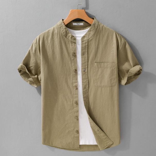 Summer Simple And Versatile Men's Short Sleeved Shirt, Casual And Loose Men's Retro Solid Color Youth Shirt_viptrois.com