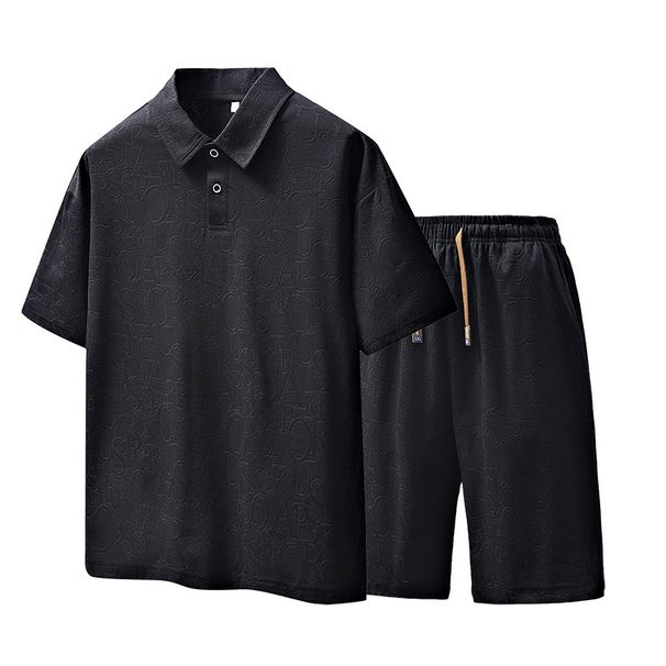 Men's Clothing New Summer Trend Loose Fashion Brand Short Sleeved T Shirt Jacquard Ice Silk Top Lapel POLO Shirt Two Piece Set_viptrois.com