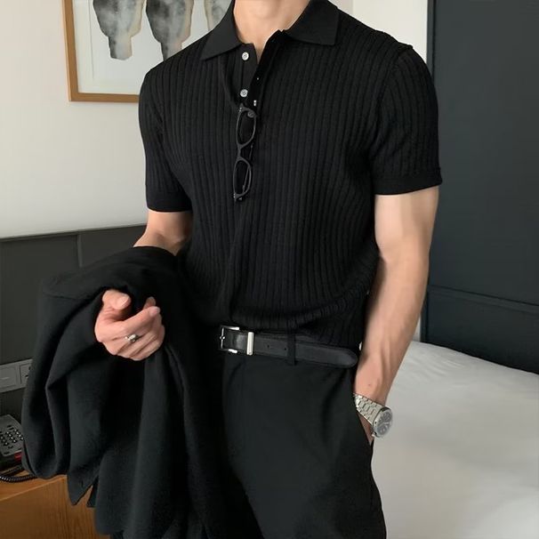 Turn-down Collar Polo , Trendy Casual Summer Textured Color Korean Style Knitted Short Sleeve T-shirt Base Shirt For_viptrois.com