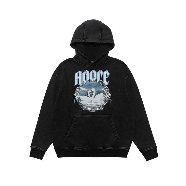 American-style Swan Print Washed Distressed Patch Pocket Hooded Sweatshirt New Loose Casual Top_viptrois.com