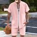 2025d New Summer Men's Shirt Casual Henley Collar Pocket Short Sleeve Shorts Beach Set_viptrois.com