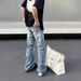 American High Street Vibe Washed Blue Ripped Jeans Men's Straight Leg Micro Flared Cleanfit Pants_viptrois.com