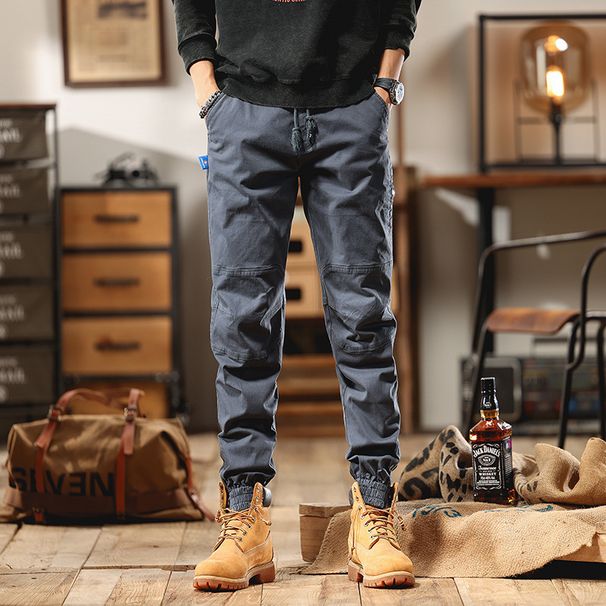 Men's Heavyweight Casual Pants - Relaxed Fit Cargo Pants With Elastic Cuffs, Pure Cotton Vintage Workwear Style, Multi-Pocket Design_viptrois.com