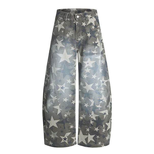 Full Print Star Camouflage Denim Scimitar Men's High Street Trendy Design Sense Niche Spray Paint Loose Wide-Leg Long_viptrois.com