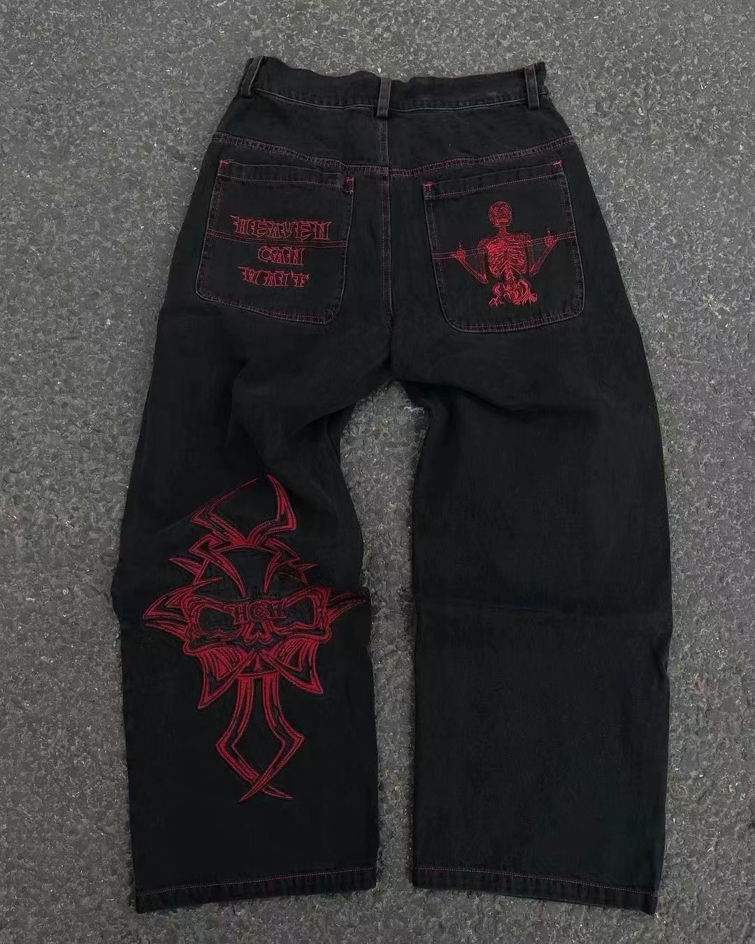 Y2K Jeans New Harajuku Hip Hop Men's Retro Skull Graphic Embroidered Baggy Jeans Denim Pants Men Goth High Waist Wide Trousers_viptrois.com