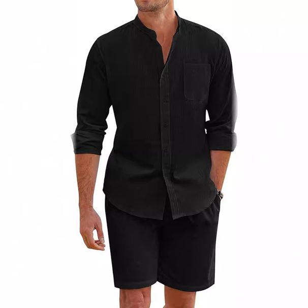 K Men's Two-piece Comfortable Button Up Shirt Long Sleeved Shorts Cardigan Simple Casual Beach Outfit_viptrois.com