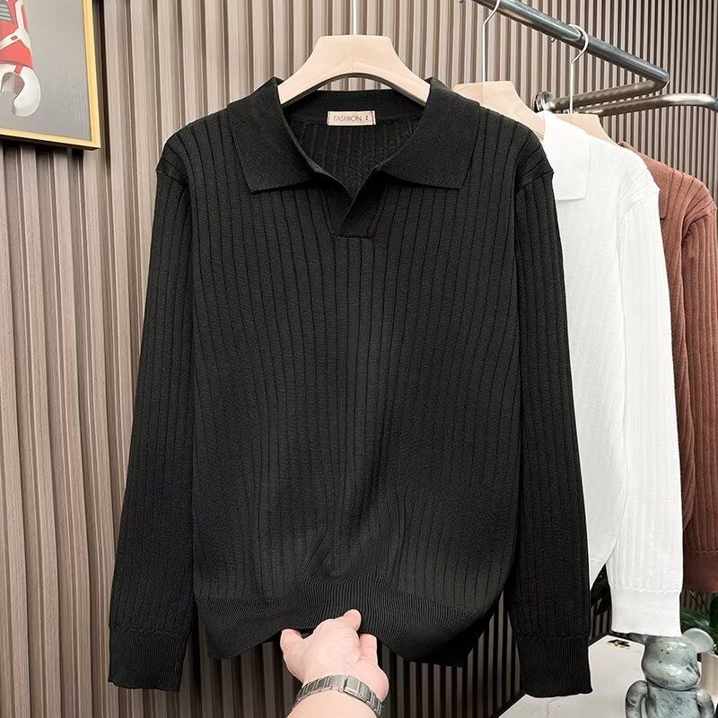 Men's Clothing Knitted Polo Shirt Spring And Autumn New Simple Striped Lapel Sweater Temperament Men's High End Texture Long Sleeved Sweater_viptrois.com