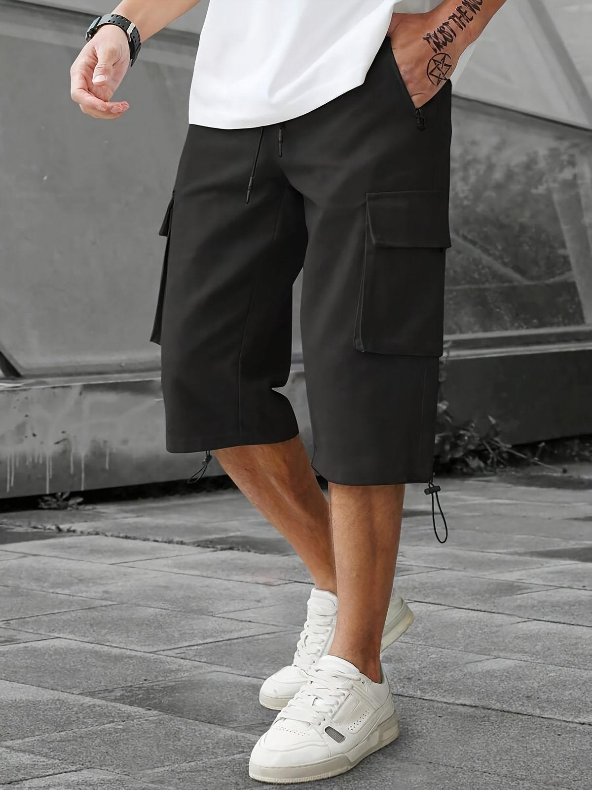 Men's Versatile Casual Shorts Summer Stylish Solid Color Drawstring Cargo Trendy In Stock With Pocket Decorations_viptrois.com