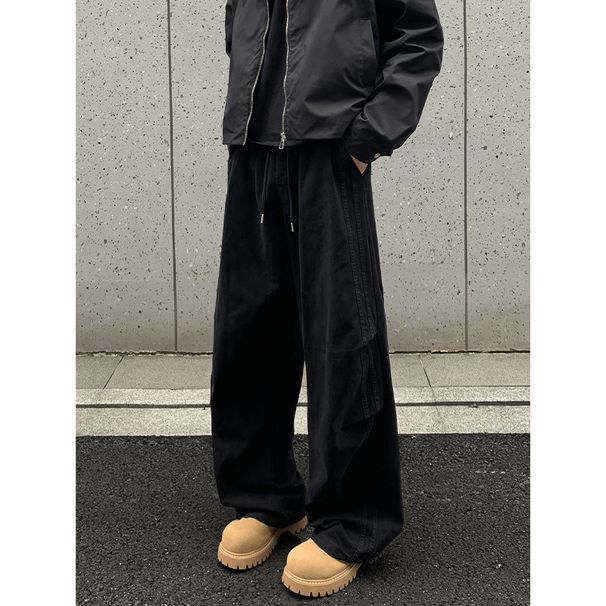 American-style Striped Patchwork Straight-leg Work Pants For Men, Autumn Trendy Brand Washed Pleated Casual Pants, Loose_viptrois.com