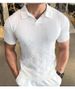 British Style Men's Knit Polo Shirt - Retro Short Sleeve Crew Neck Jacquard Textured Sweater With Drop Shoulder (Navy/Charcoal/Black/Coffee/White)_viptrois.com