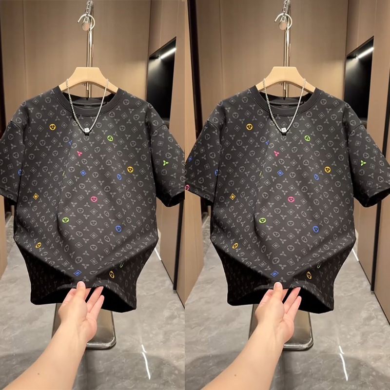 Men's Clothing Full Print Short Sleeved Heavy T Shirt Trendy All Match Round Neck Top Handsome Bottoming Shirt_viptrois.com