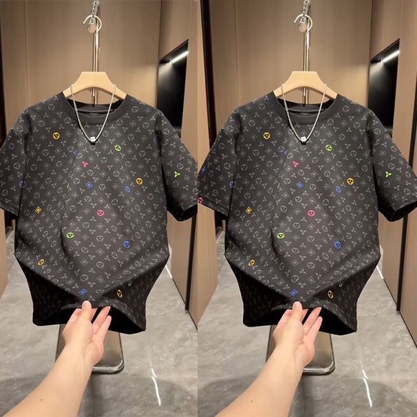 Men's Clothing Full Print Short Sleeved Heavy T Shirt Trendy All Match Round Neck Top Handsome Bottoming Shirt_viptrois.com