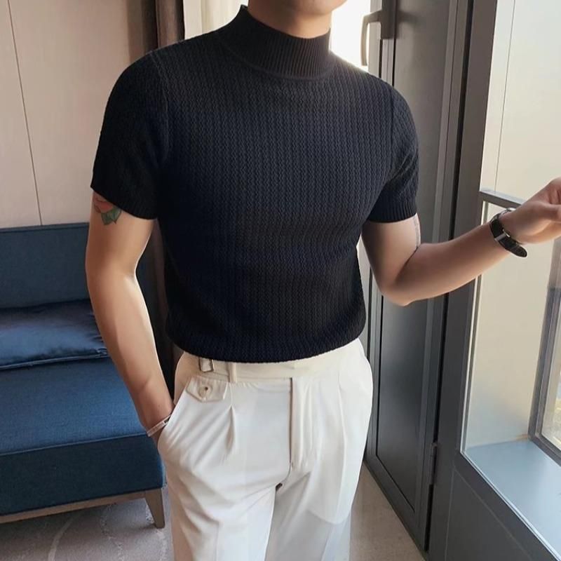 Men's Clothing Spring And Summer Short Sleeved T Shirt Men's Elastic Half High Collar Knitted Bottoming Shirt Youth Half Sleeved Casual T Shirt_viptrois.com