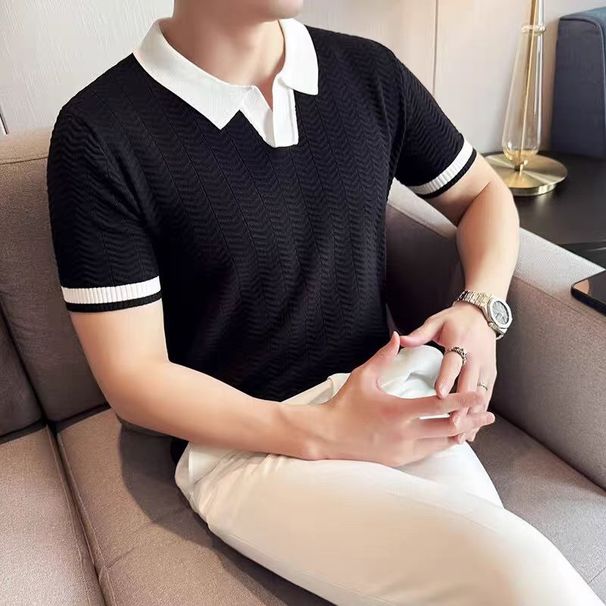 Men's Summer Short-Sleeve Knit Shirt – Slim Fit Striped Polo With Embroidered Collar_viptrois.com