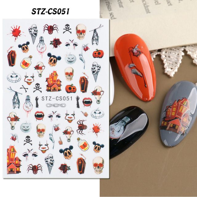 Halloween nail stickers Halloween skull maple leaf pumpkin ghost festival adhesive nail decals_viptrois.com