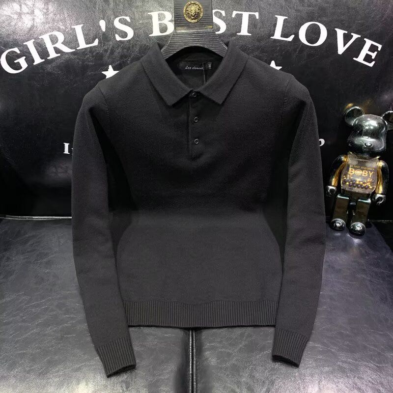 Men's Knitted Polo Shirt – Autumn/Winter Warm Sweater Base Layer, Solid Color Long Sleeve Casual Top For Smart & Relaxed Style_viptrois.com