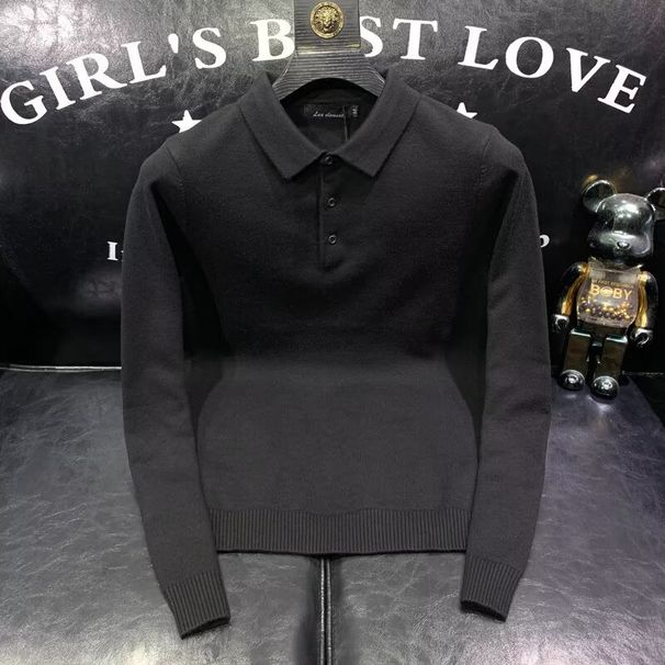 Men's Knitted Polo Shirt – Autumn/Winter Warm Sweater Base Layer, Solid Color Long Sleeve Casual Top For Smart & Relaxed Style_viptrois.com