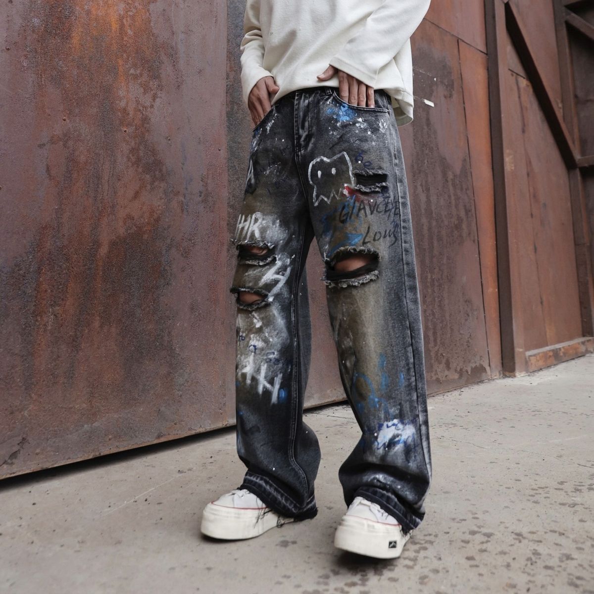 Men's Clothing American Vibe Dirty Old Graffiti Wide Leg Jeans Men's Personality Ripped Handsome Straight Casual Pants Men_viptrois.com