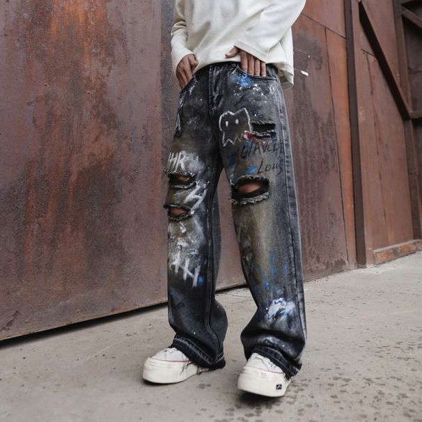 Men's Clothing American Vibe Dirty Old Graffiti Wide Leg Jeans Men's Personality Ripped Handsome Straight Casual Pants Men_viptrois.com