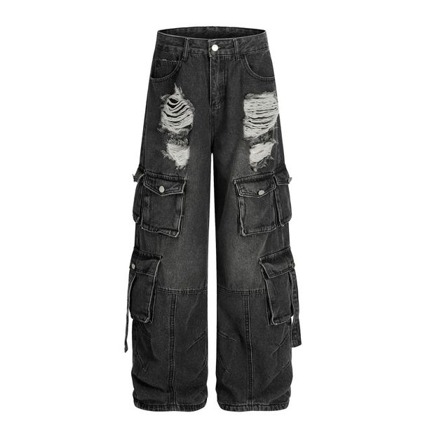 Niche High Street Multi-Pocket Cargo Denim Loose Men's Style Vibe Trendy Brand Washed Ripped Wide-Leg Straight Pants_viptrois.com