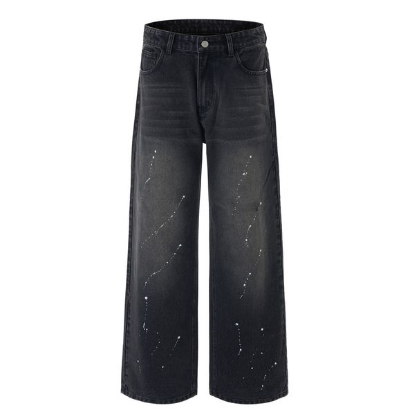 Punk Washed Vintage Jeans Men's Trendy Loose Straight Long Paint Splatter Ink Splash Wide Leg Pants_viptrois.com