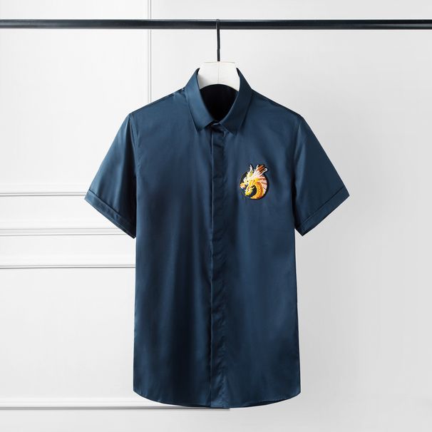 Men's Short Sleeve Shirt With Dragon Head Badge Imported Machine Embroidery Wrinkle Free Cotton Basic Casual Summer White Black_viptrois.com