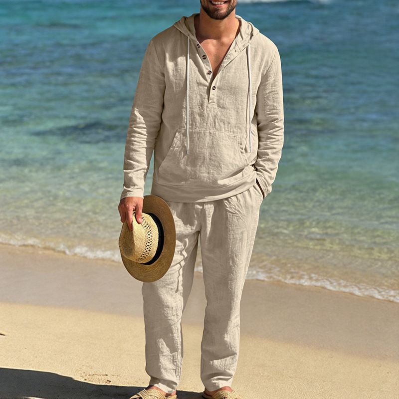 Men's Linen Cotton Casual Lounge Set Long Sleeve Hooded Shirt And Pants Comfortable Oversized Loungewear_viptrois.com