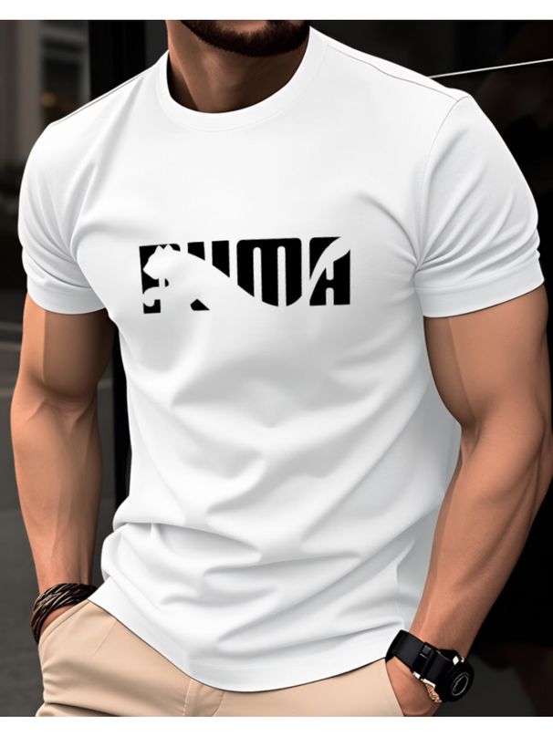 Camiseta Manga Corta Cuello Redondo Holgada, Estampado Geométrico De Animales Y Letras, 100% Algodón, Hombre, Verano._viptrois.com