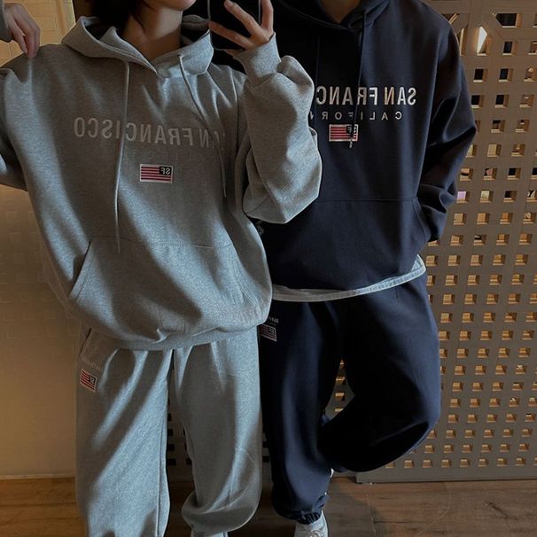 Men's Clothing autumn casual sports suit men and women Korean version of the trendy printed sweater loose straight leg pants couple_viptrois.com