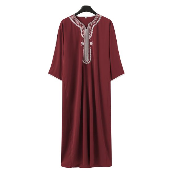 Men's Clothing Islamic Men's Short Sleeved Embroidered Moroccan Loose Ethnic Style Arab Robe_viptrois.com