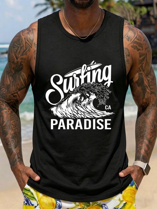Canotta Uomo Girocollo 100% Cotone Stampa Surf Morbida Traspirante Senza Maniche Vacanze Uso Quotidiano Estivo Multicolore_viptrois.com