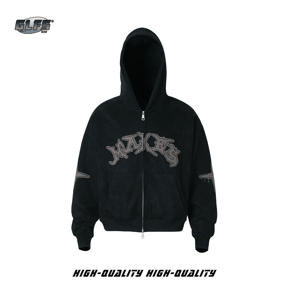 Men's Clothing Vintage-Inspired Fleece Hoodie With Letter Embroidery & Suede Trim - Relaxed Fit, Zip-Up, Oversized (Black, Retro Green, Dusty Pink)_viptrois.com