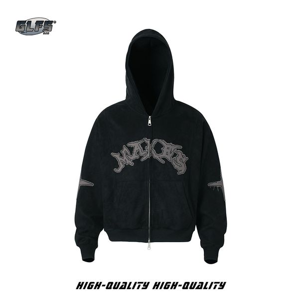 Men's Clothing Vintage-Inspired Fleece Hoodie With Letter Embroidery & Suede Trim - Relaxed Fit, Zip-Up, Oversized (Black, Retro Green, Dusty Pink)_viptrois.com