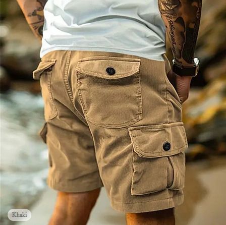 Men's Summer Casual Workwear Shorts Short Sleeved Corduroy Loose Stretch Waist With Multiple Pockets_viptrois.com