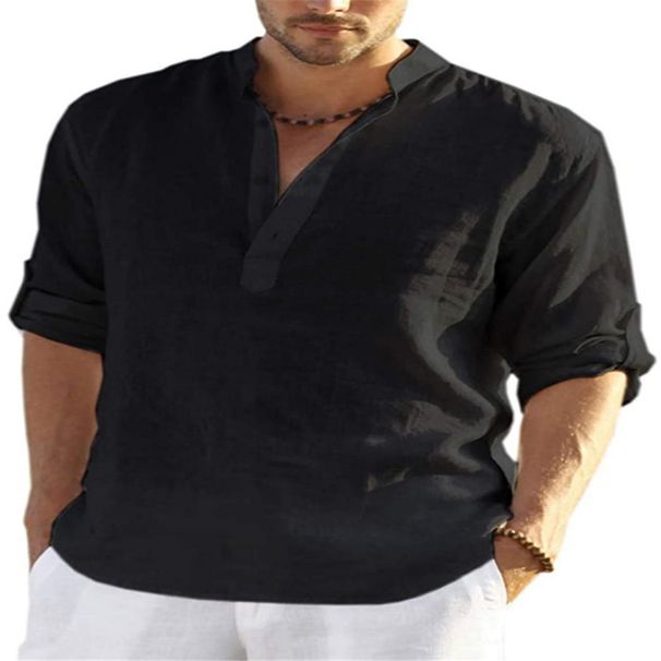 Men's Clothing Men's Casual Cotton And Linen Solid Color Long Sleeved Shirts Loose Stand Up Collar Shirts For Men In Stock_viptrois.com