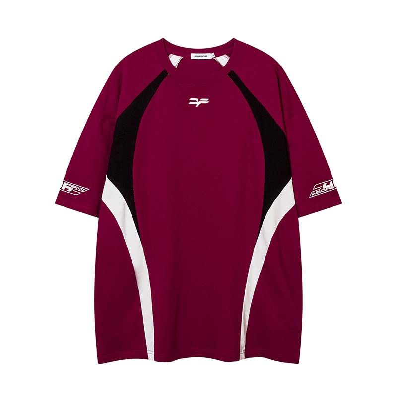 National tide retro racing suit contrast color letter number print short sleeve T shirt men and women summer street loose short sleeve shirt_viptrois.com