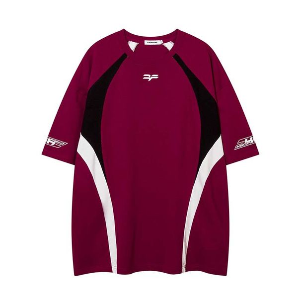 National tide retro racing suit contrast color letter number print short sleeve T shirt men and women summer street loose short sleeve shirt_viptrois.com